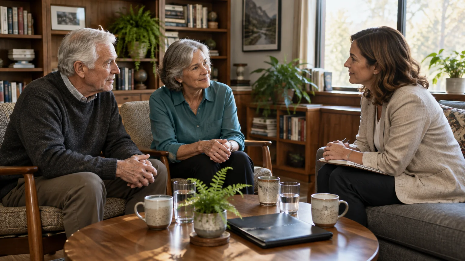 Senior couple sitting in armchairs having a consultation with a professional advisor holding a notepad.