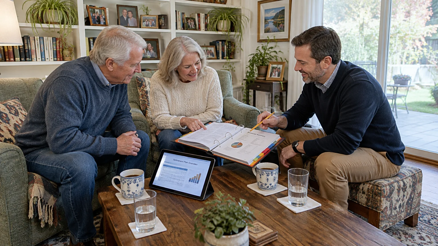 Senior couple reviewing financial documents and a tablet with an advisor in a living room.