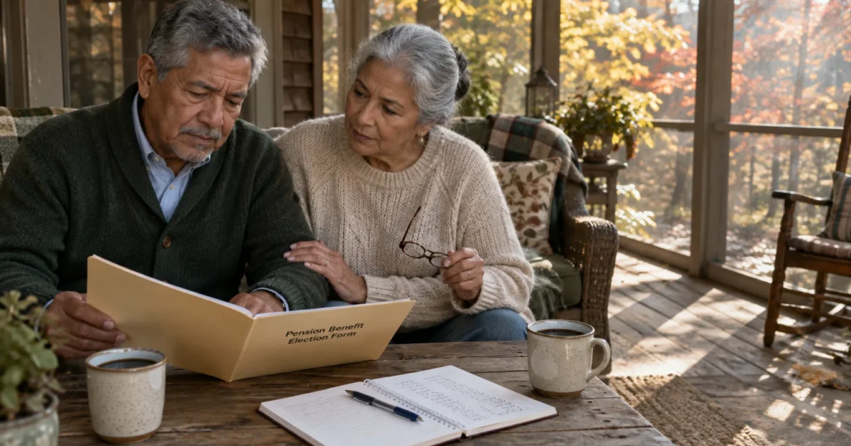 An older couple sitting together on a porch reviewing a Pension Benefit Election Form document at a rustic wooden table.