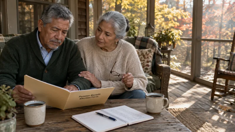 An older couple sitting together on a porch reviewing a Pension Benefit Election Form document at a rustic wooden table.