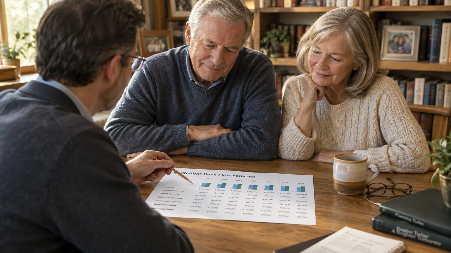 A senior couple meets at a wooden table with a financial advisor reviewing a printed multi-year cash flow forecast.