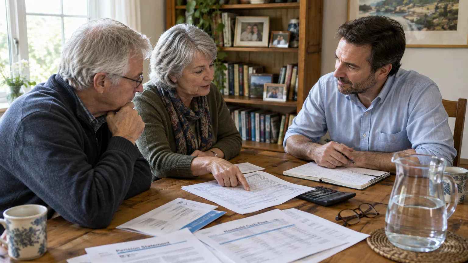 A senior couple sits at a wooden table reviewing financial paperwork and a pension statement with an advisor.