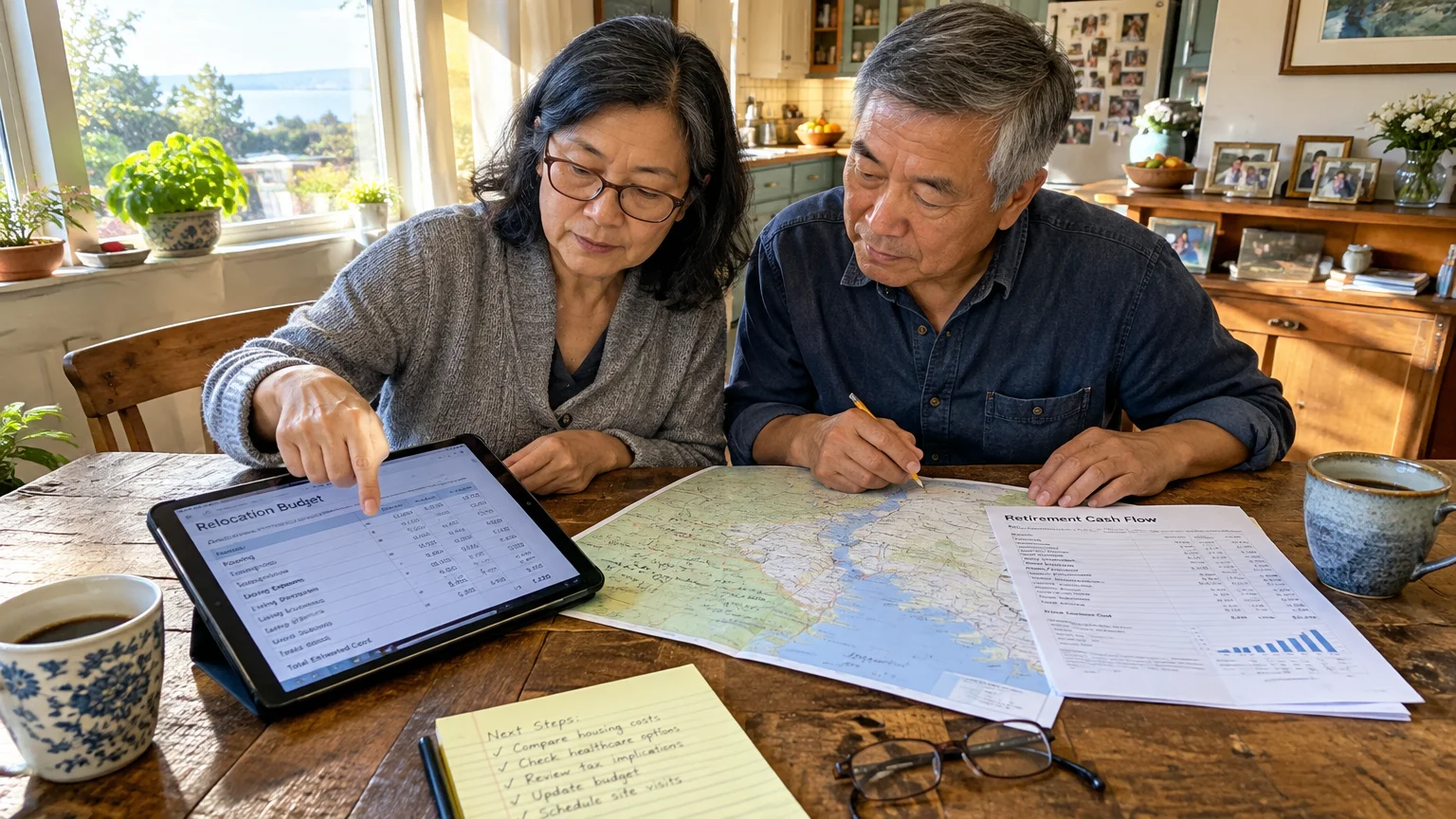 Senior Asian couple reviewing a relocation budget on a tablet alongside a map and financial papers at a wooden table.