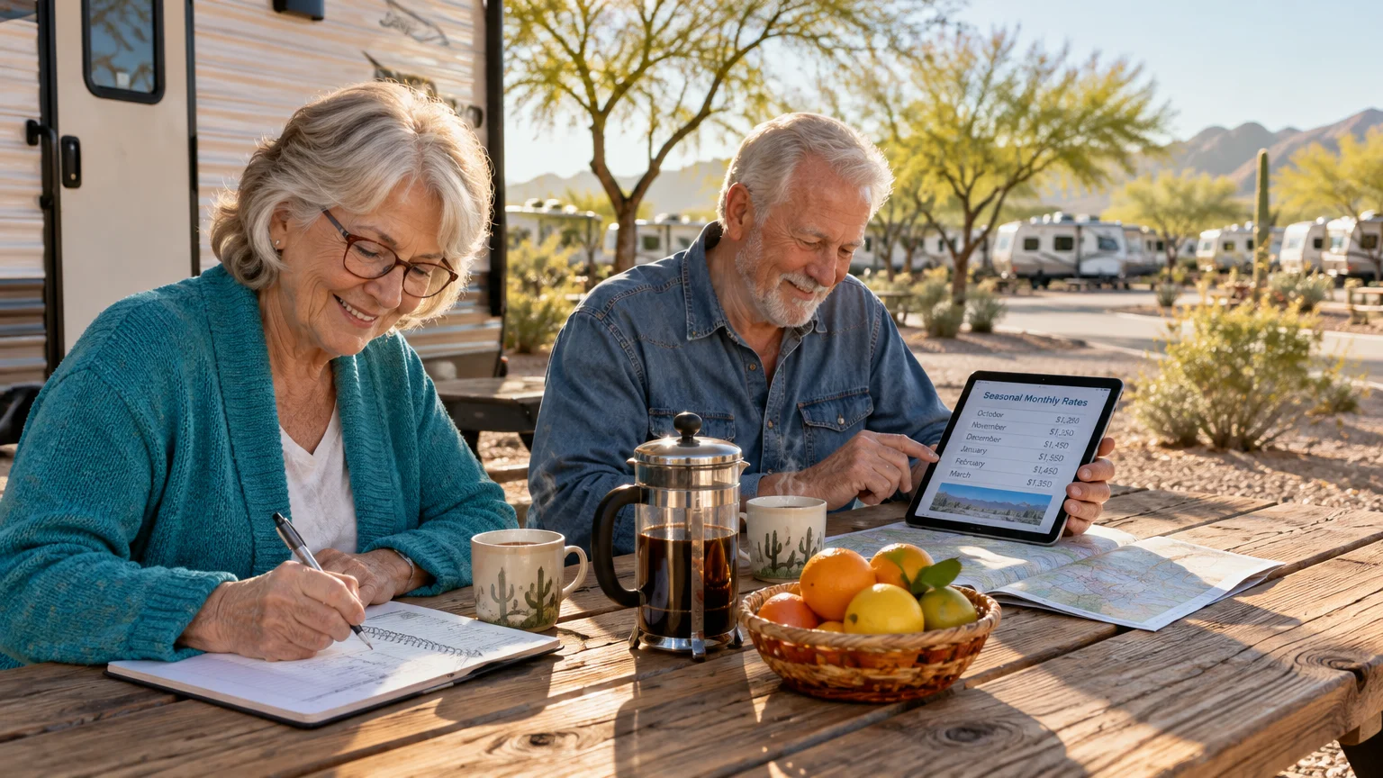 Senior couple sitting at a wooden picnic table outside their RV, reviewing seasonal rental rates on a digital tablet.