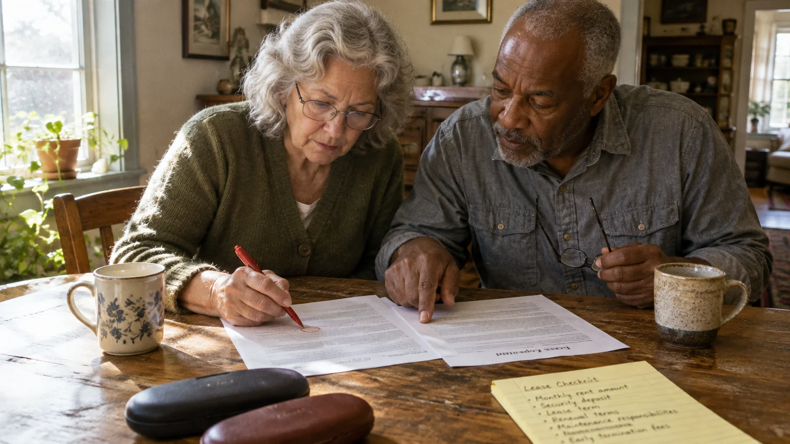 An older couple sitting at a wooden table reviewing paperwork, with the woman holding a red pen and pointing at a document.