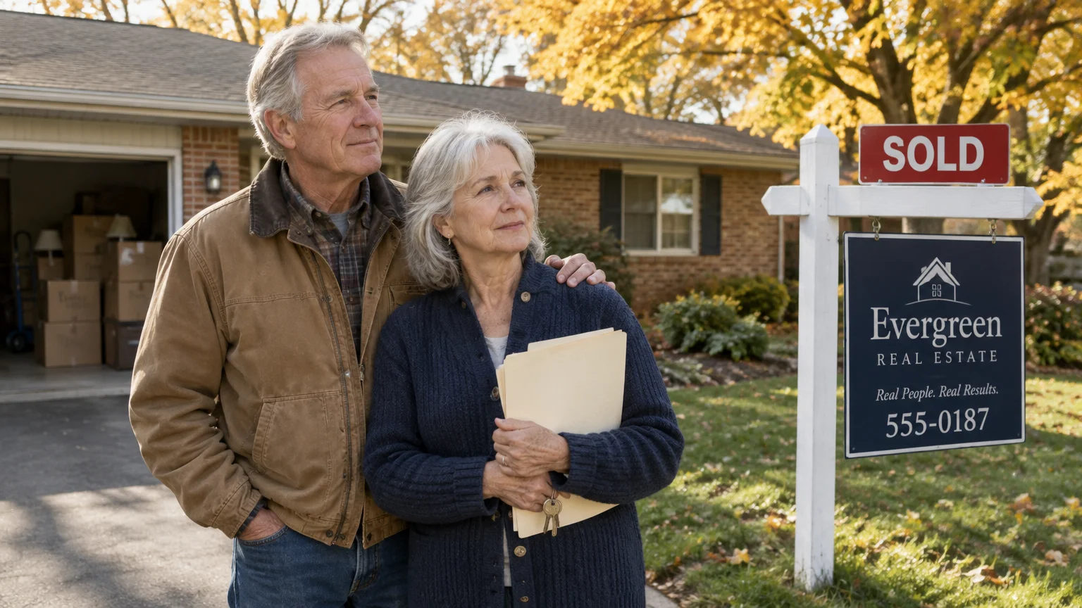 Senior couple standing in driveway near a sold real estate sign, holding paperwork outside their brick house.