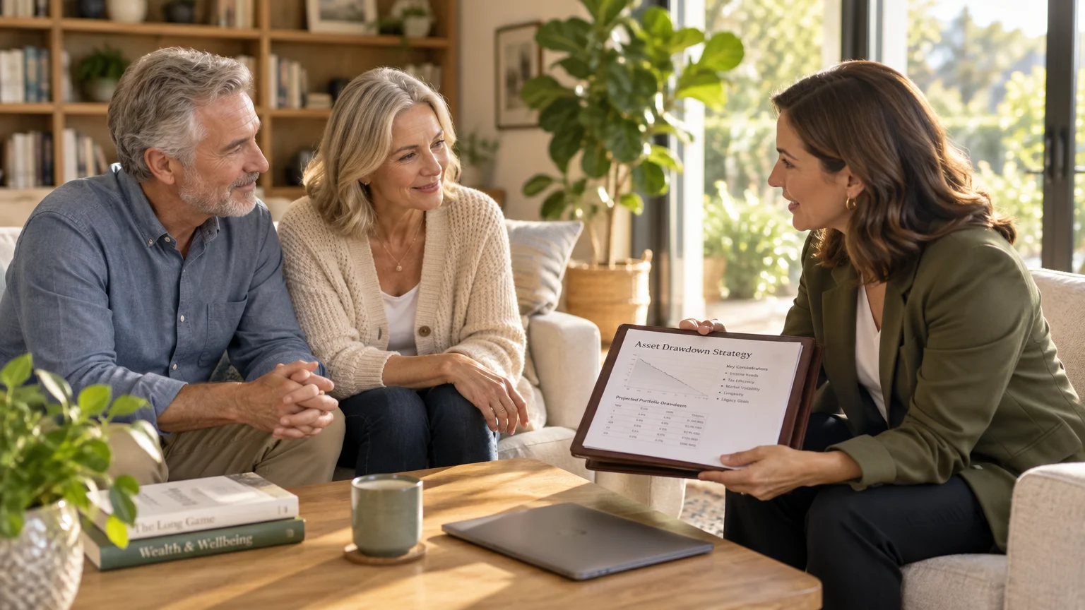 A financial advisor presents an asset drawdown strategy document to a senior couple sitting on a living room sofa.