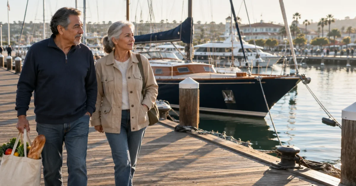 An older couple walks along a wooden marina dock holding a grocery bag, with boats and yachts moored in the water.