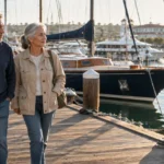 An older couple walks along a wooden marina dock holding a grocery bag, with boats and yachts moored in the water.