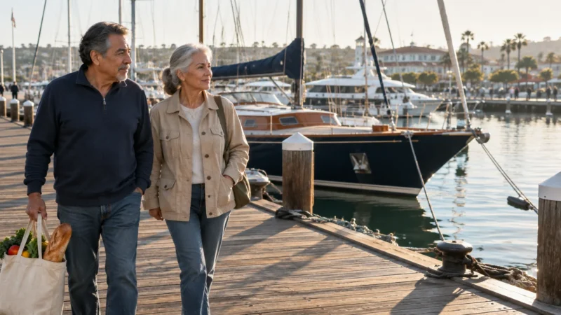 An older couple walks along a wooden marina dock holding a grocery bag, with boats and yachts moored in the water.