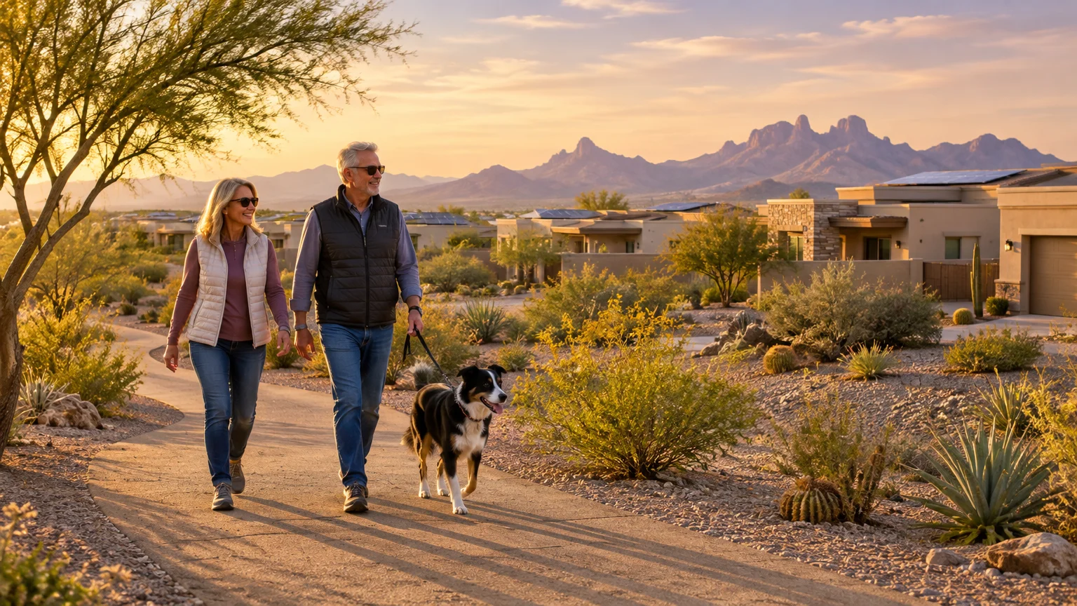 A senior couple walks a dog down a paved path in a desert community with modern homes and mountains in the background.