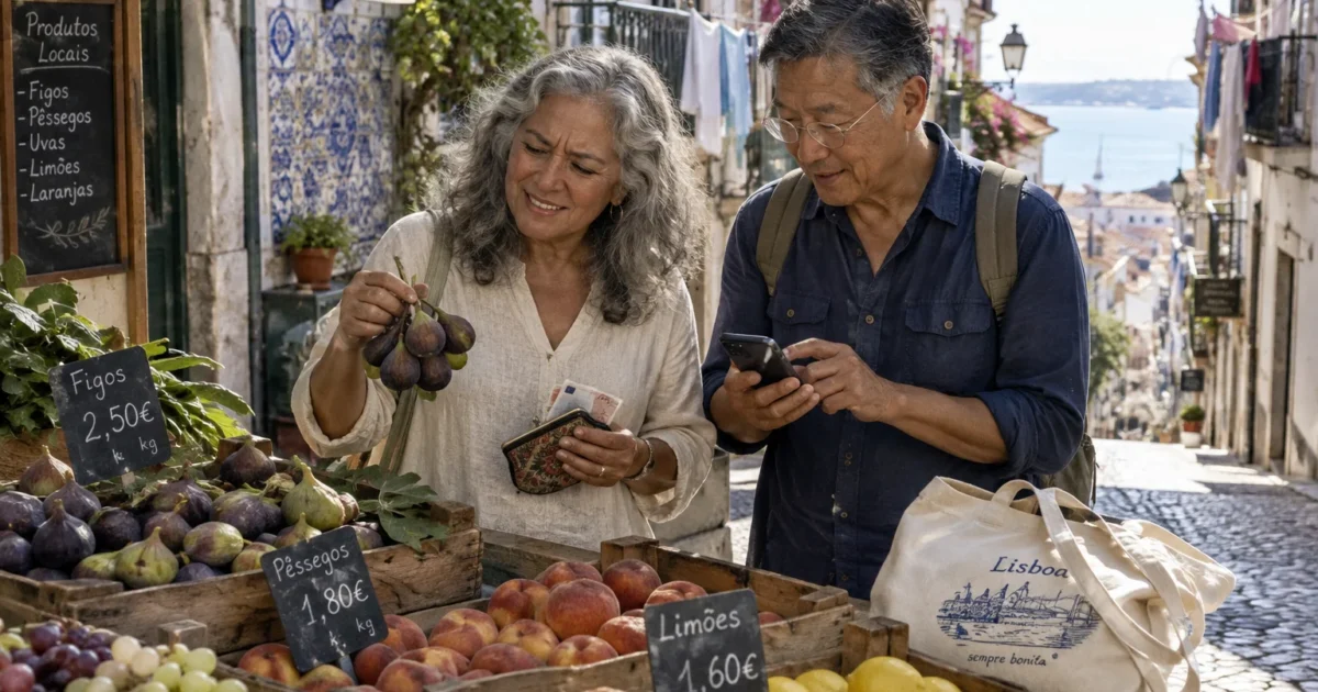 An older couple inspects fresh figs and peaches at an outdoor fruit stand along a sunny, cobbled street in Lisbon.