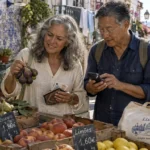 An older couple inspects fresh figs and peaches at an outdoor fruit stand along a sunny, cobbled street in Lisbon.