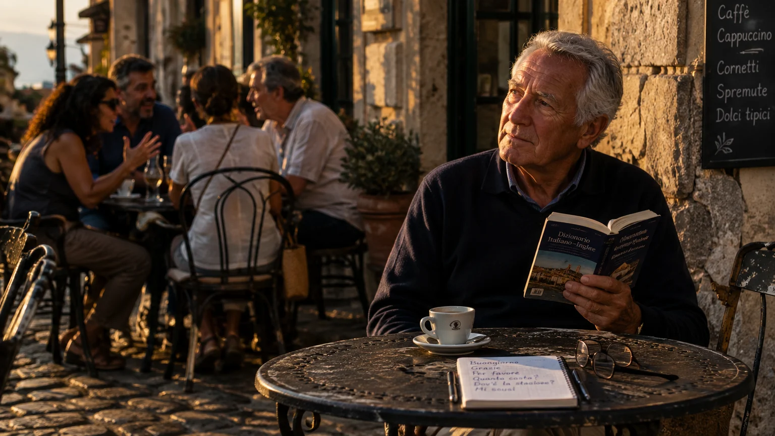 An older man sits alone at an outdoor café holding a dictionary next to a notepad of translated phrases.