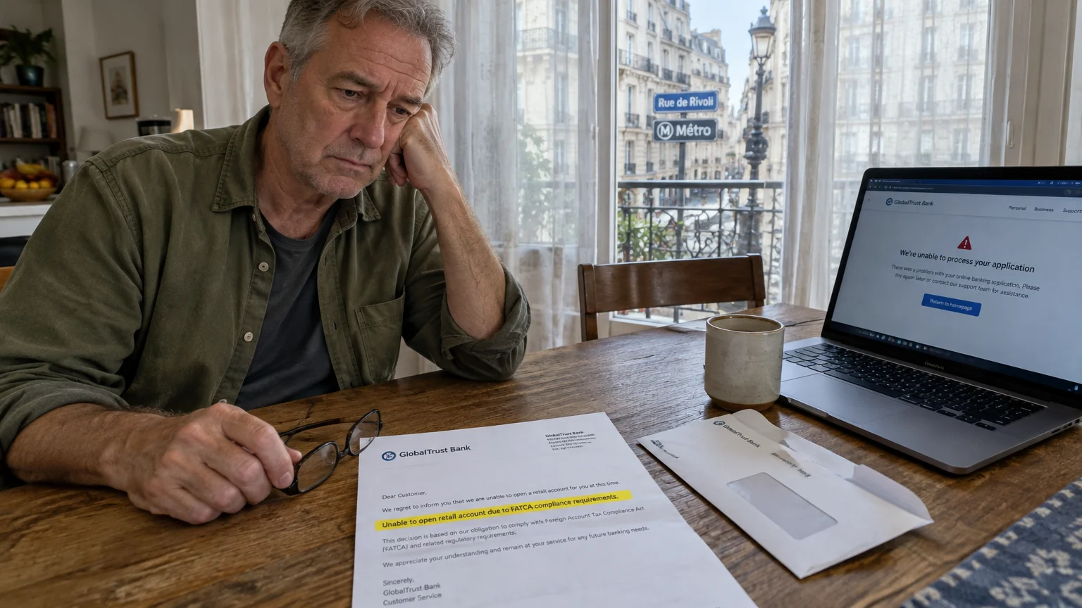 A man rests his head on his hand looking at a bank rejection letter beside a laptop showing an application error.