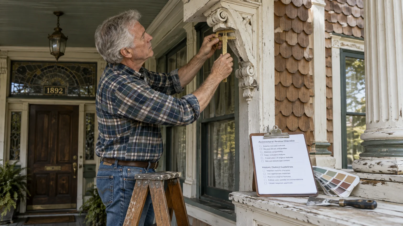 A man on a wooden stepladder measures an ornate porch corbel near an architectural review checklist and paint swatches.