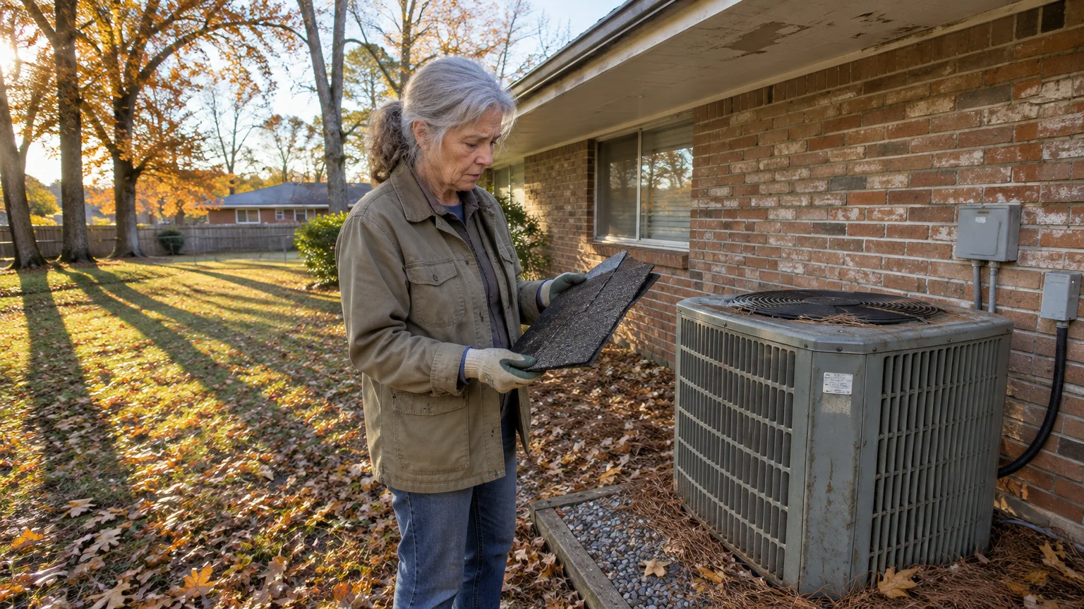 A woman holding roof shingles while standing next to an air conditioning unit outside a brick house in autumn.