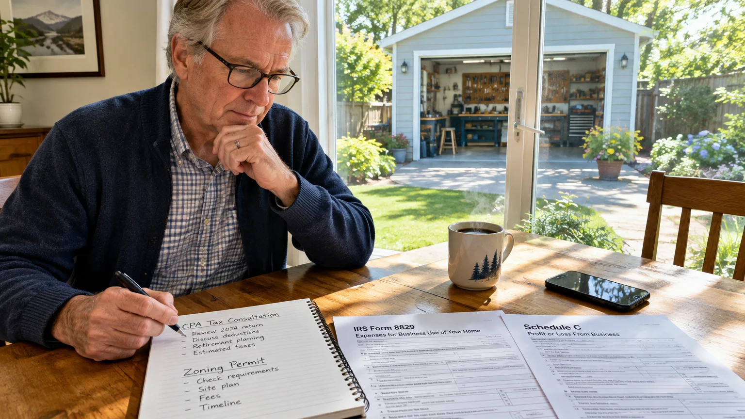 A man in glasses writes notes beside tax forms and a coffee mug, with an open backyard garage workshop in view.