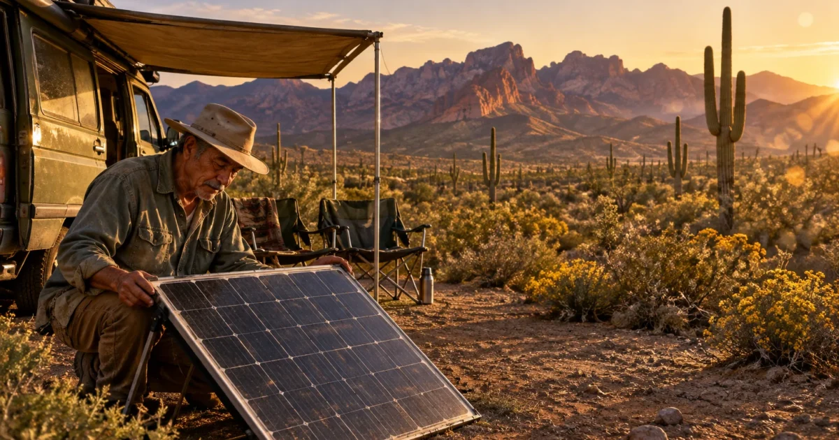 A man sets up a portable solar panel beside a camper van in a sunny desert landscape dotted with cacti and mountains.