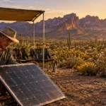 A man sets up a portable solar panel beside a camper van in a sunny desert landscape dotted with cacti and mountains.
