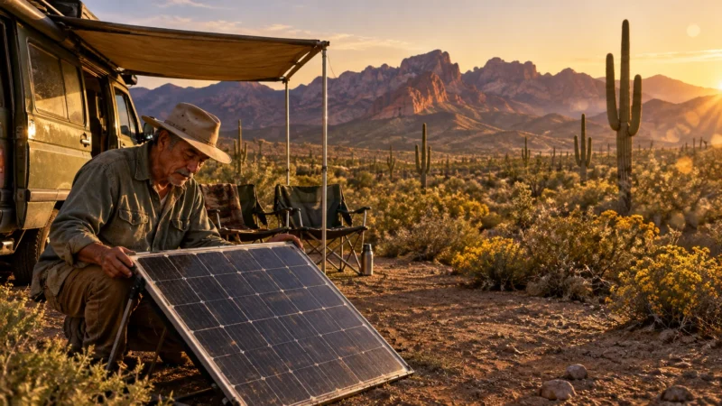 A man sets up a portable solar panel beside a camper van in a sunny desert landscape dotted with cacti and mountains.