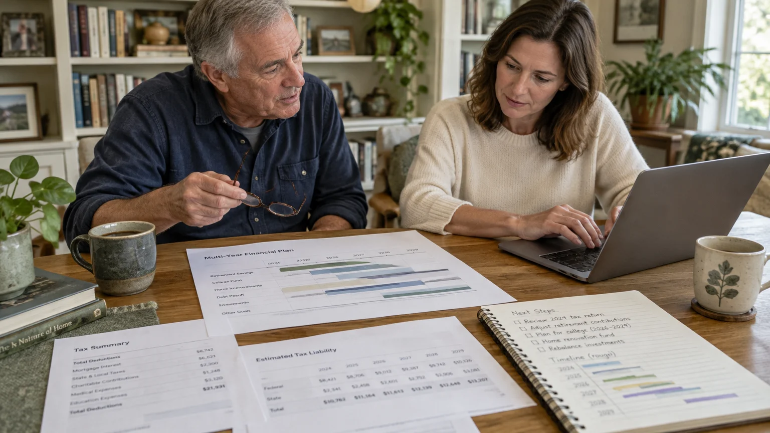A man and woman review financial charts, tax liability documents, a notebook, and a laptop at a wooden table.