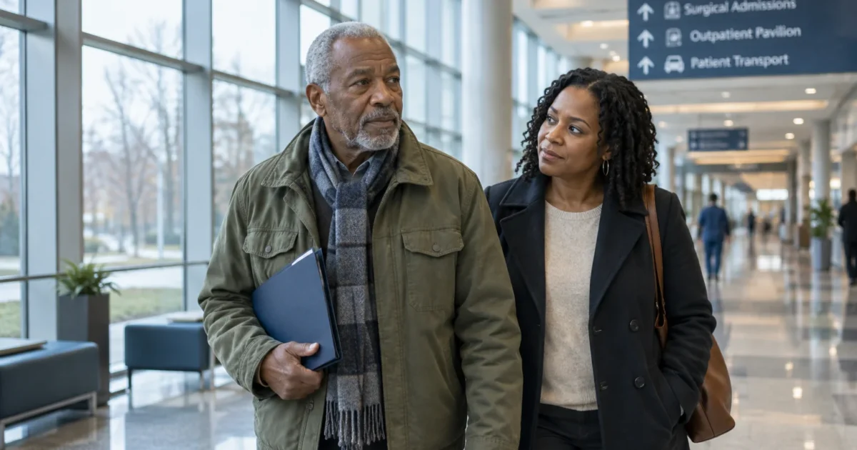 An older man and a woman walk down a bright hospital hallway beneath signs for surgical admissions.