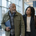 An older man and a woman walk down a bright hospital hallway beneath signs for surgical admissions.