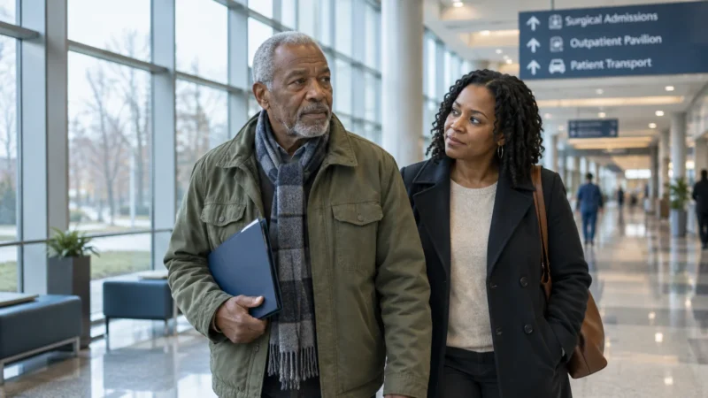 An older man and a woman walk down a bright hospital hallway beneath signs for surgical admissions.
