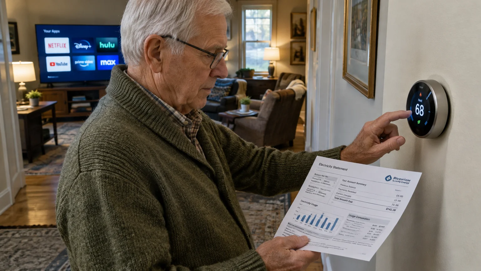 Senior man holding an electricity bill while adjusting a smart thermostat on a wall, with streaming apps on a TV behind him.