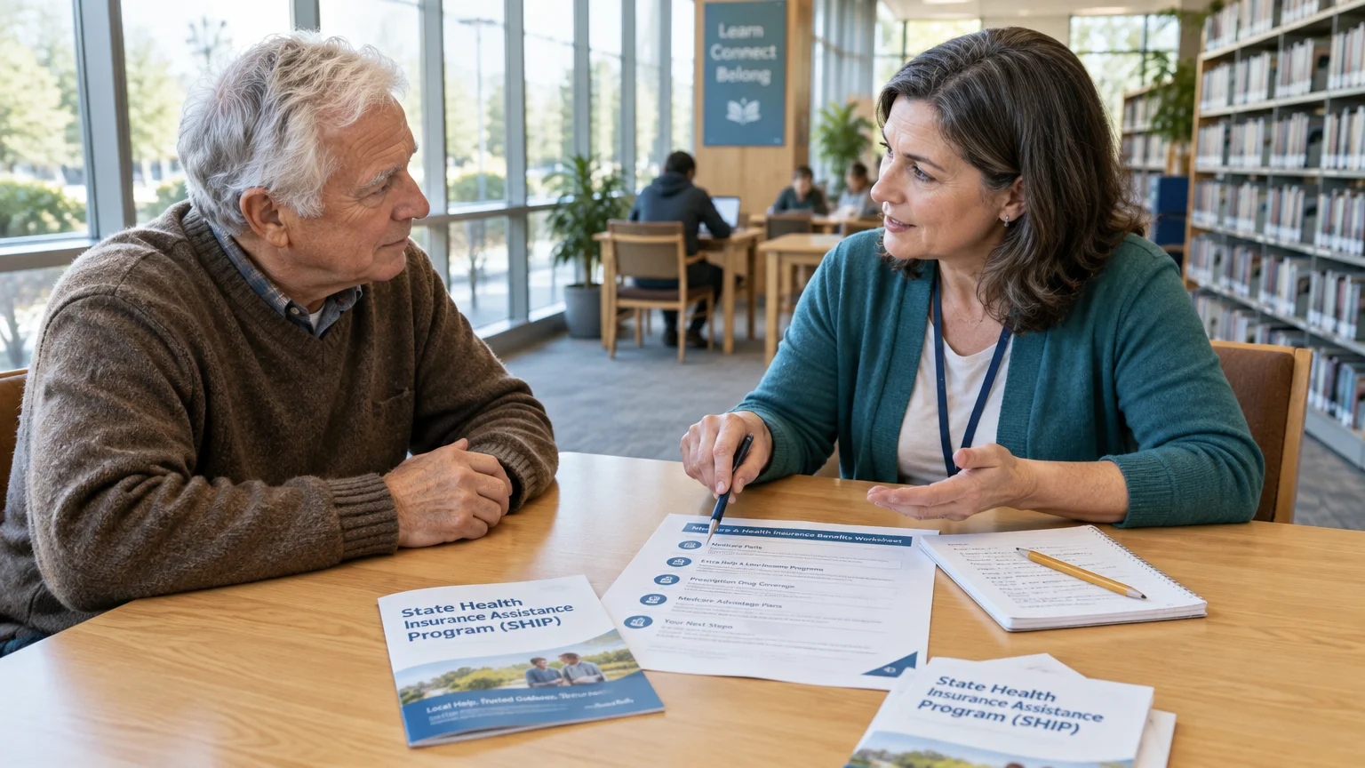 A woman reviews State Health Insurance Assistance Program paperwork with a senior man sitting at a library table.