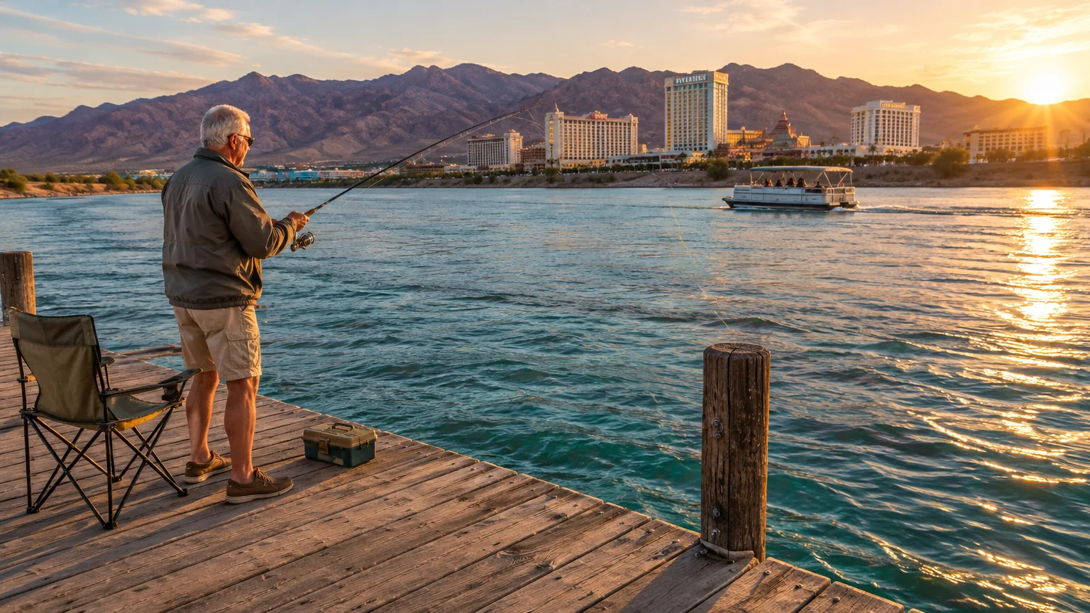 Man fishing from a wooden dock on a river at sunset, with casino resorts and mountains visible across the water.