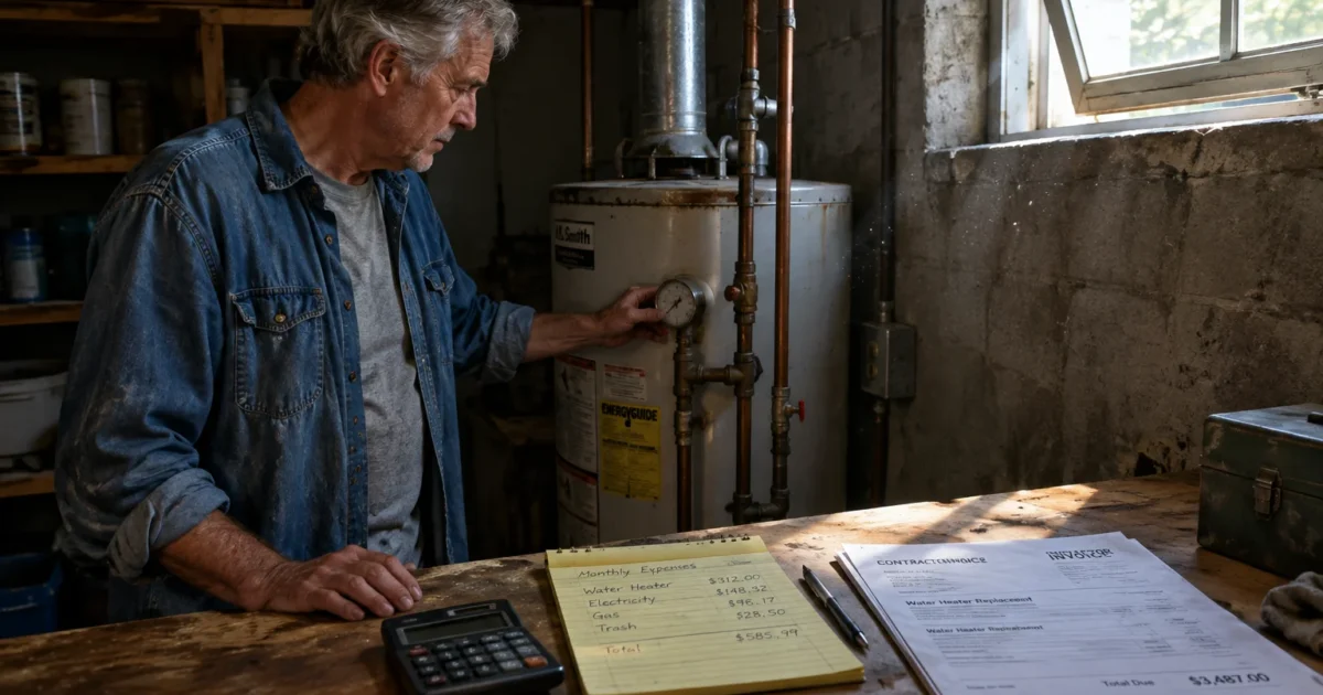 A man inspects a water heater in a basement next to a table with an expense notepad, calculator, and invoice.