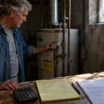 A man inspects a water heater in a basement next to a table with an expense notepad, calculator, and invoice.