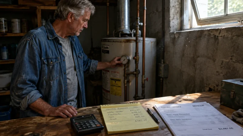 A man inspects a water heater in a basement next to a table with an expense notepad, calculator, and invoice.