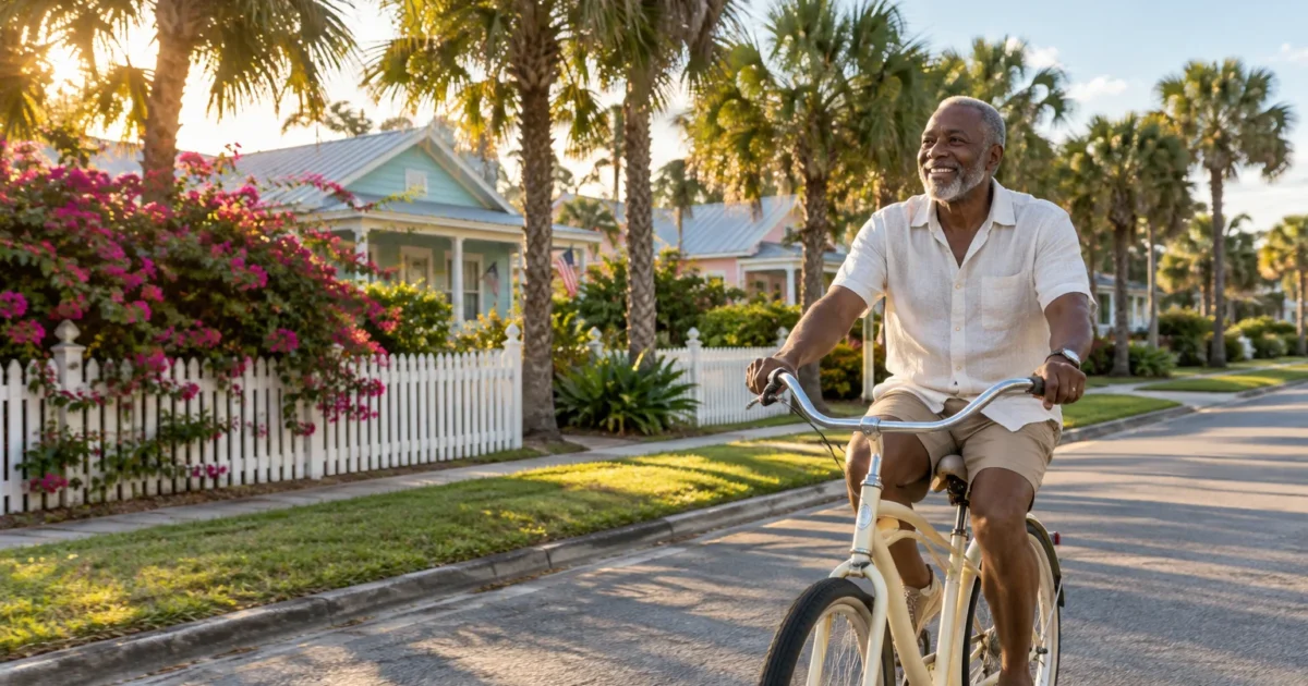 A smiling older Black man rides a bicycle down a sunny, palm-lined residential street lined with colorful houses.