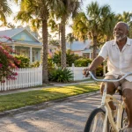 A smiling older Black man rides a bicycle down a sunny, palm-lined residential street lined with colorful houses.