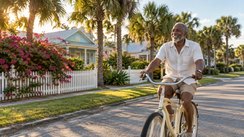 A smiling older Black man rides a bicycle down a sunny, palm-lined residential street lined with colorful houses.