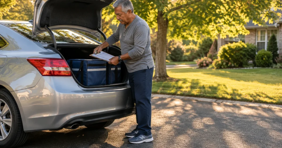 Man checking a clipboard next to insulated delivery bags inside the open trunk of a silver car parked in a driveway.