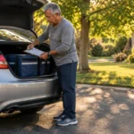 Man checking a clipboard next to insulated delivery bags inside the open trunk of a silver car parked in a driveway.