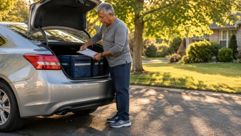 Man checking a clipboard next to insulated delivery bags inside the open trunk of a silver car parked in a driveway.