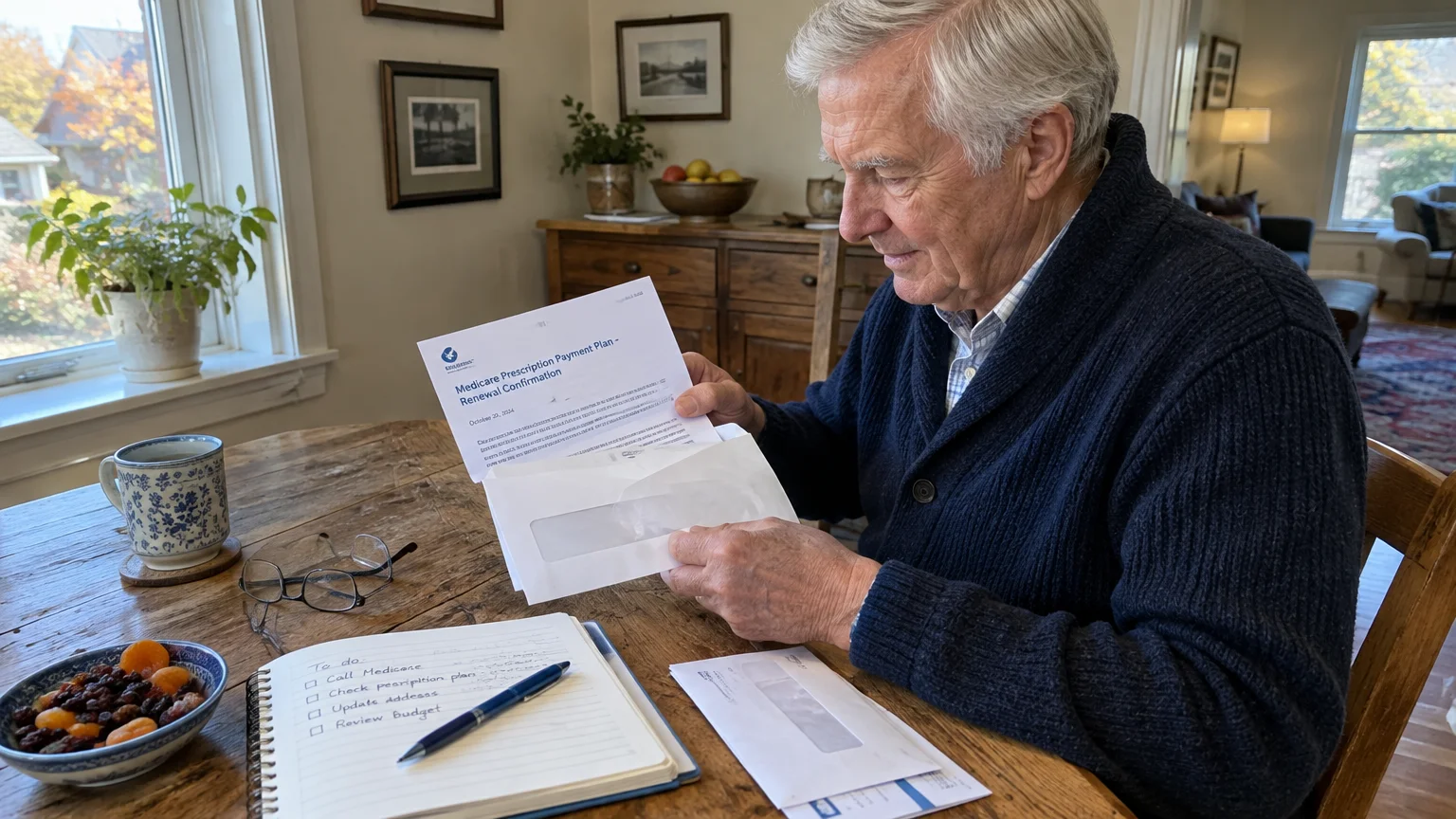 A senior man sits at a dining table holding a Medicare Prescription Payment Plan renewal confirmation letter.