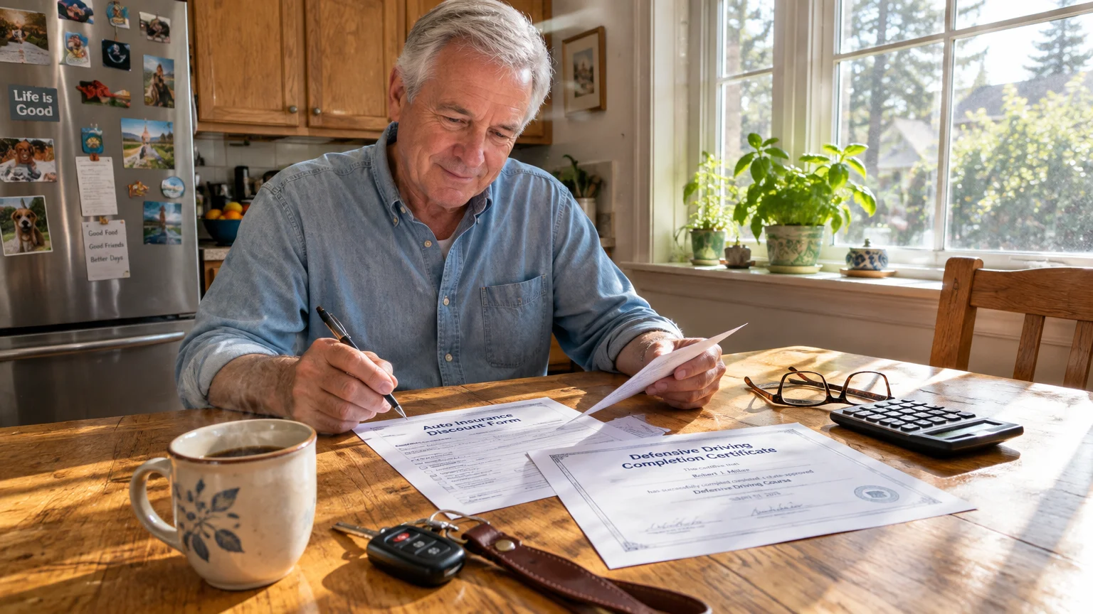 Senior man at a sunny kitchen table filling out an auto insurance discount form beside a defensive driving certificate.
