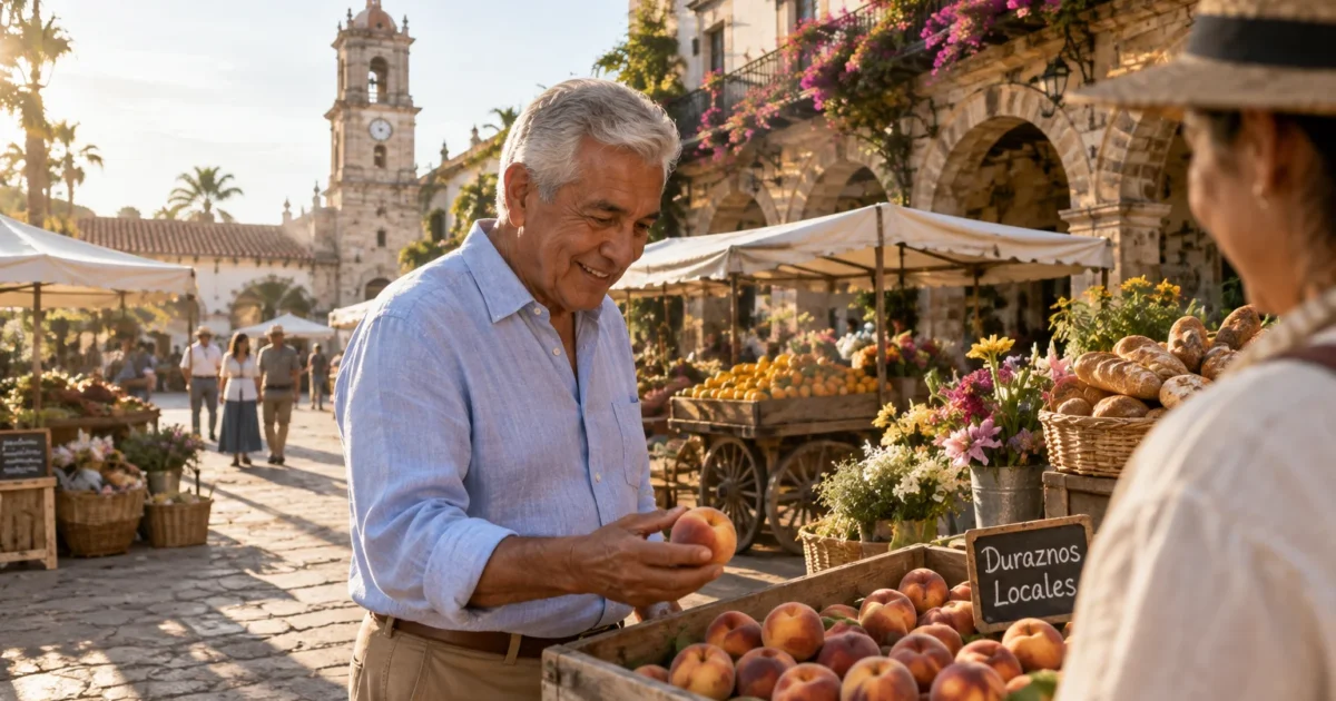 A smiling senior man in a blue shirt inspects a peach at an outdoor market stall in a sunny historic town square.