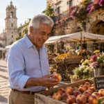 A smiling senior man in a blue shirt inspects a peach at an outdoor market stall in a sunny historic town square.