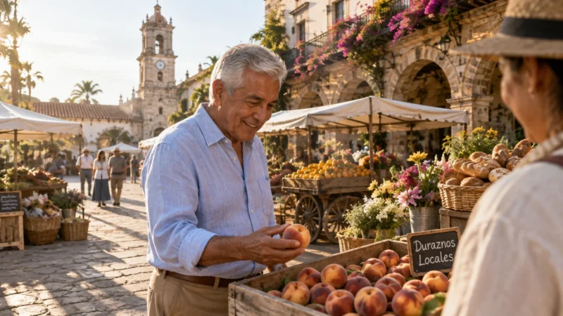 A smiling senior man in a blue shirt inspects a peach at an outdoor market stall in a sunny historic town square.