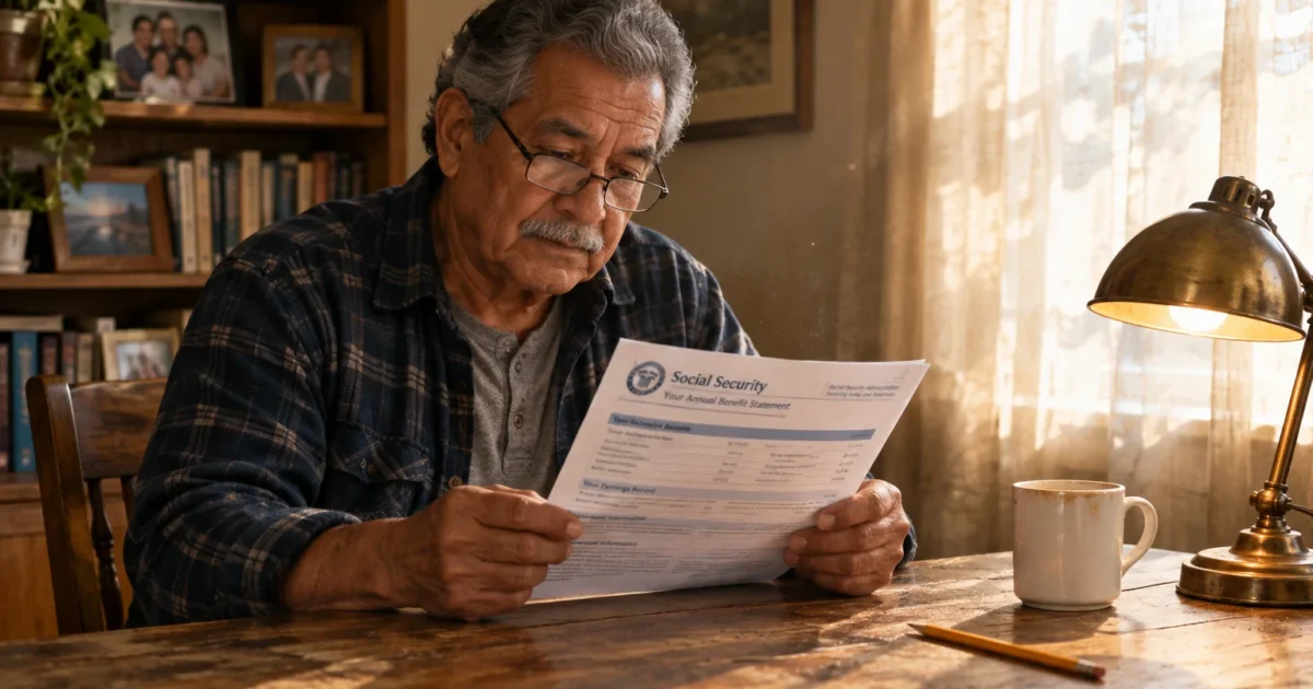 An older man wearing glasses reads a Social Security annual benefit statement at a wooden desk under a lamp.