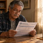 An older man wearing glasses reads a Social Security annual benefit statement at a wooden desk under a lamp.