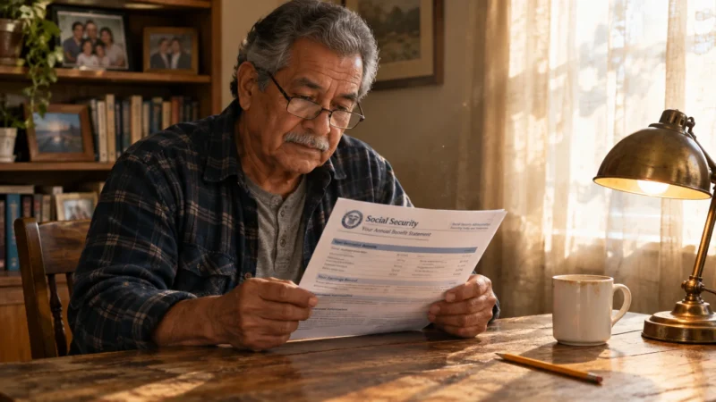 An older man wearing glasses reads a Social Security annual benefit statement at a wooden desk under a lamp.