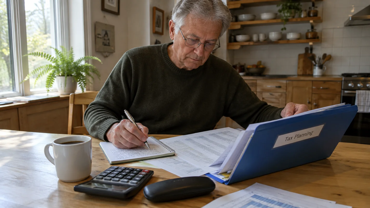Senior man sitting at a kitchen table writing notes beside financial documents, a calculator, and a tax planning folder.
